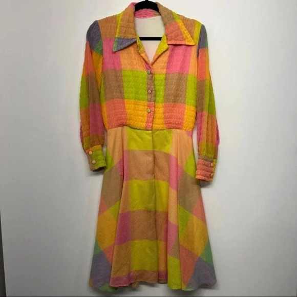 None Dresses & Skirts - Vintage‎ Unbranded Collared Day Dress Retro Check Pattern Long Sleeve